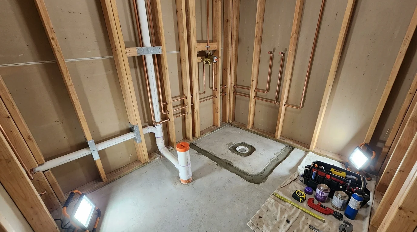 Bathroom rough-in plumbing during remodel by Johns Plumbing LLC in Castle Hayne