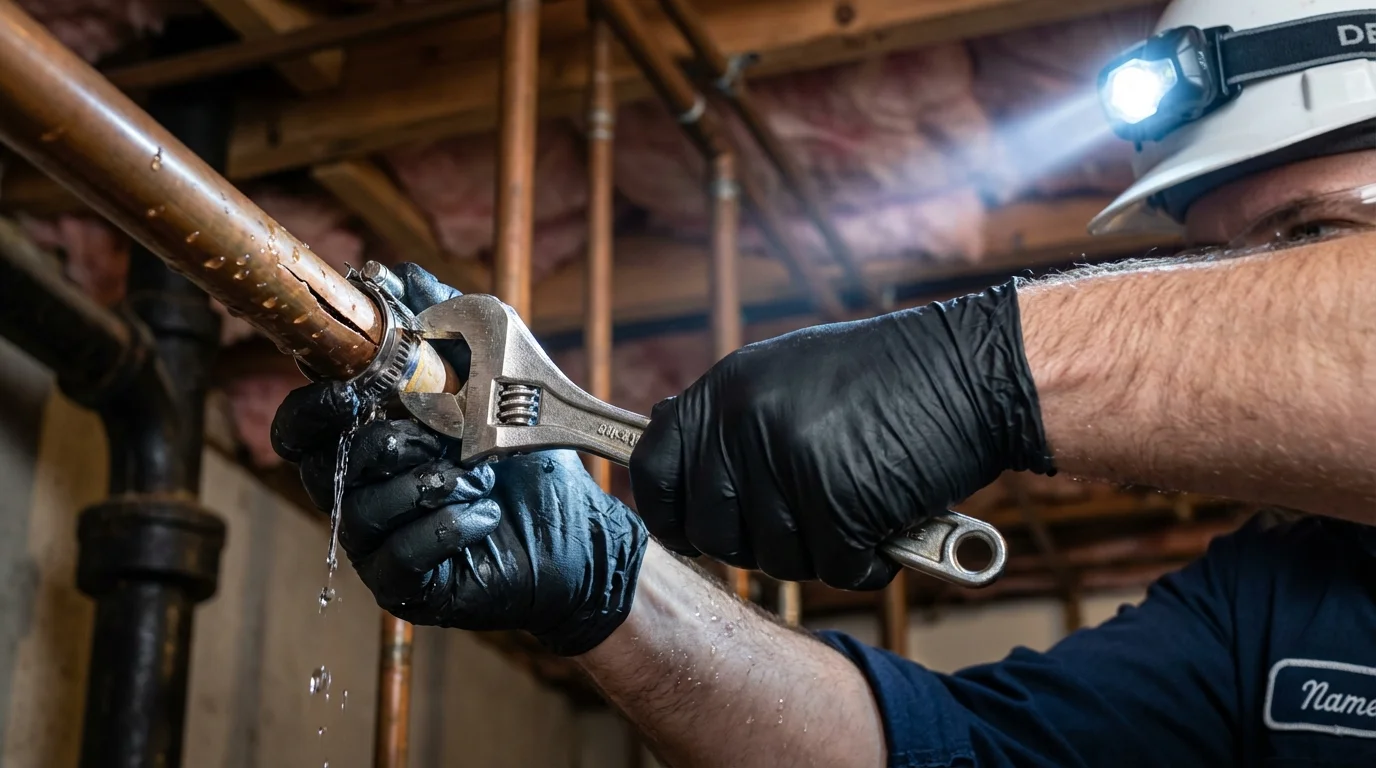 Emergency pipe clamp repair being performed by a Johns Plumbing LLC plumber in Castle Hayne