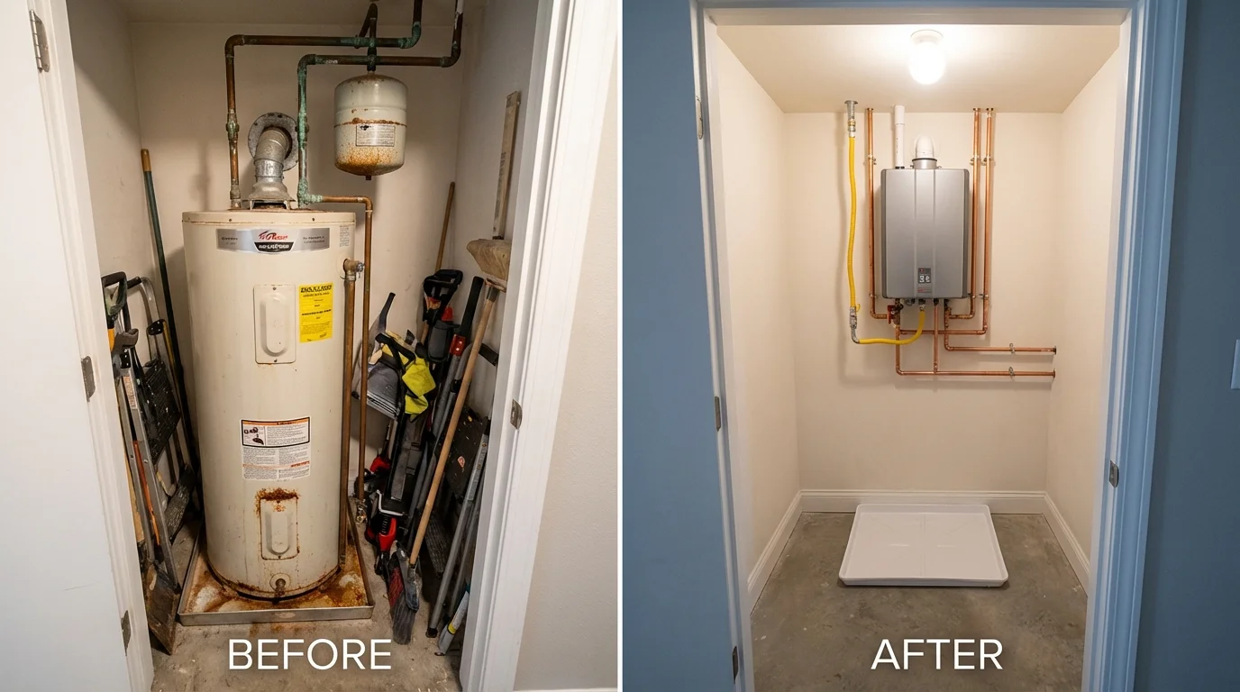 Tank water heater versus wall-mounted tankless unit comparison for Castle Hayne, NC homeowners