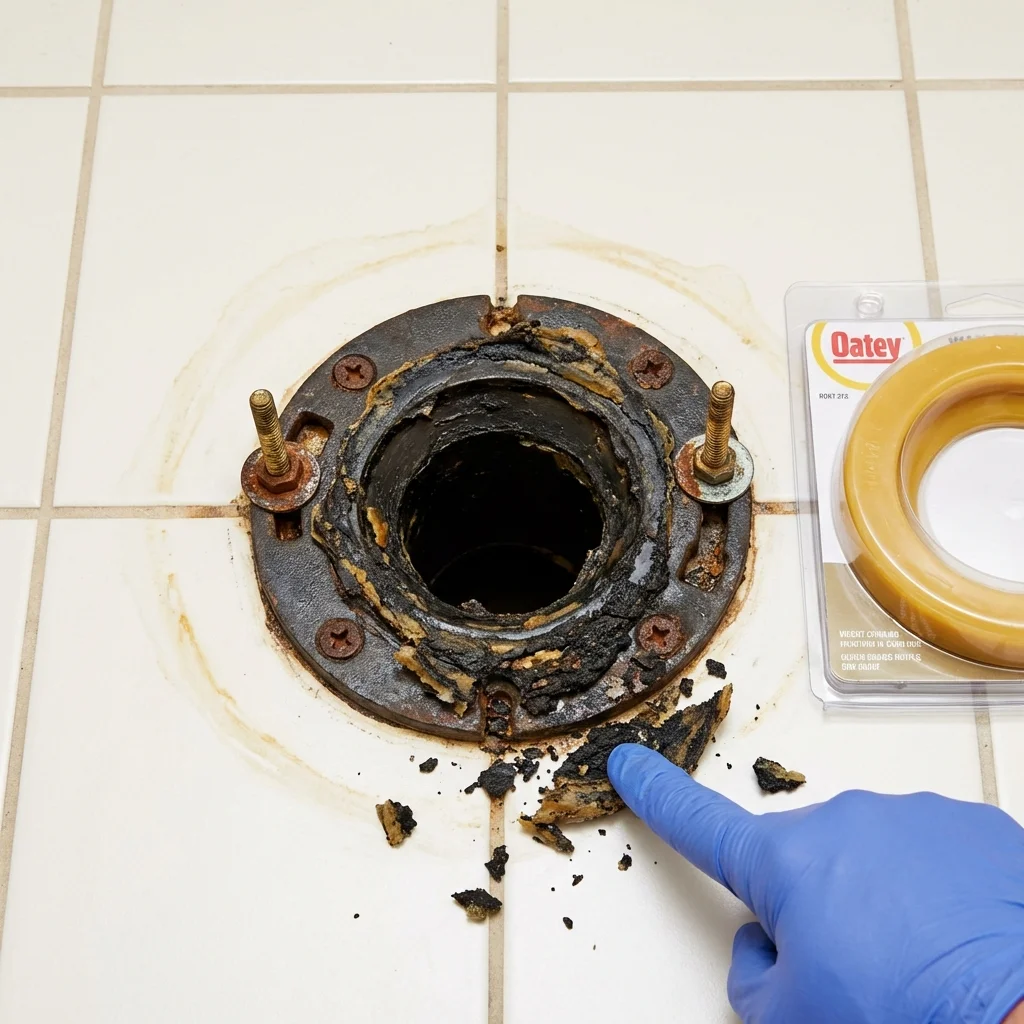 Failed wax ring showing water seepage at the base of a toilet in a Castle Hayne, NC home