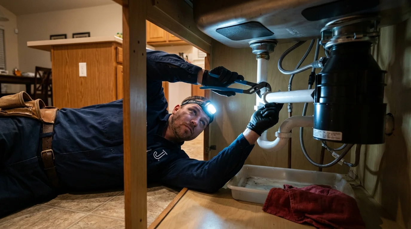 P-trap and supply line connections under a kitchen sink showing a common leak point in Castle Hayne, NC